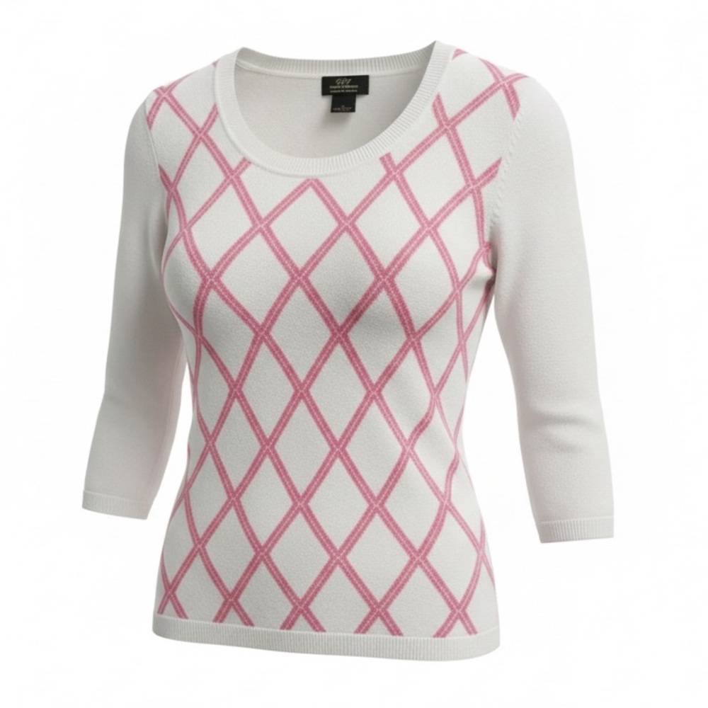 Brooks Brothers Women's White Sweater with Pink Diamond Pattern